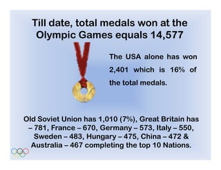 Till date, total medals won at the
   Olympic Games equals 14,577

                        The USA alone has won
                        2,401 which is 16% of
                        the total medals.




Old Soviet Union has 1,010 (7%), Great Britain has
 – 781, France – 670, Germany – 573, Italy – 550,
   Sweden – 483, Hungary – 475, China – 472 &
  Australia – 467 completing the top 10 Nations.
 