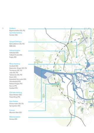 Stadtpark
Bogenschießen (OS, PS)
Sporthalle Hamburg
Fechten (OS)
Velopark Stellingen
Bahnradfahren (OS, PS)
BMX (OS)
Volksparkstadion
Volleyball (OS)
Fußball (Finale) (OS)
Rugby (OS)
Messe Hamburg
Handball (OS)
Badminton, Ringen (OS, PS)
Tischtennis (OS, PS)
Judo (OS, PS)
Taekwondo (OS, PS)
Boxen (OS)
Basketball (Vorrunde) (OS)
Sitzvolleyball (PS)
Rollstuhl-Rugby (PS)
Boccia (PS)
Goalball (PS)
CCH Halle Hamburg
Gewichtheben (OS)
Powerlifting (PS)
Klein Flottbek
Dressurreiten (OS, PS)
Springreiten (OS)
Francop
Mountain Bike (OS)
Millerntorstadion
Hockey (OS)
14
 