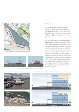 18. Der für das Medienzentrum vorgesehene Standort am Hansahafen
19. Wegen des schmalen Grundstücks werden die Nutzflächen gestapelt
OLYMPISCHES
DORF
FERNSEHZENTRUM
PRESSEZENTRUM
PRESSEZENTRUM
Hafenmuseum
Kantine
Veddeler Damm
Veddeler Damm
Satellitenfarm
INTERNATIONAL BROADCAST CENTRE
LAGERHALLE
Zirkulationsfläche
Lübecker Ufer
Lübecker Ufer
Medienzentrum
Auf der südwestlichen Seite des Hansahafens
entsteht das Medienzentrum für die Olympischen
und Paralympischen Spiele. Es ist der Ort für Presse,
Funk und Fernsehen; von hier aus werden während
der Spiele die Bilder und Nachrichten in die Welt
geschickt.
Das sehr viel Fläche beanspruchende Fernsehzen-
trum (IBC) wird am Lübecker Ufer in einem neuen
400 m langen Gebäudekomplex untergebracht. Die
Studios werden übereinander gestapelt und außerge-
wöhnlich erschlossen: Beliefert werden die Studios
in den oberen Geschossen durch Lkw, die über eine
Spindel wie in einem Parkhaus nach oben fahren
können. Büroarbeitsplätze im obersten Geschoss
ergänzen die Studioflächen. Nach den Spielen kann
das Gebäude als modernes Logistikzentrum dienen.
Weite Blicke auf Hafen, OlympiaCity und Innenstadt
und großzügige Dachterrassenflächen sind Pluspunk-
te der Büroarbeitsplätze. Die Klinkergebäude der
Hamburg Port Authority in direkter Nachbarschaft
bleiben unangetastet.
20. Blick auf das Lübecker Ufer in seiner heutigen Nutzung 21. Das Fernsehzentrum am Lübecker Ufer (oben) und das Gebäude im Nach-Olympischen Modus
26
 