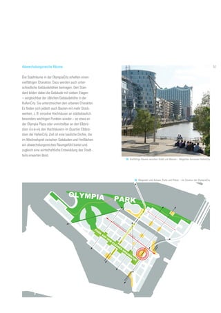 59. Vielfältige Räume zwischen Stadt und Wasser – Magellan-Terrassen HafenCity
M
arktplatz
Hansahafen-Platz
M
oldauhafen-
Terrassen
AnderGedenkstätte
Schule
G
RASBRO
O
K
ER
ALLEE
OLYMPIA PARK
G
RASSBRO
O
K
PALM
-
PARK
AUF
DEM
KLEINEN
GRASBROOK
-AILLE
60. Wegenetz und Achsen, Parks und Plätze – die Struktur der OlympiaCity
Abwechslungsreiche Räume
Die Stadträume in der OlympiaCity erhalten einen
vielfältigen Charakter. Dazu werden auch unter-
schiedliche Gebäudehöhen beitragen. Den Stan-
dard bilden dabei die Gebäude mit sieben Etagen
– vergleichbar der üblichen Gebäudehöhe in der
HafenCity. Sie unterstreichen den urbanen Charakter.
Es finden sich jedoch auch Bauten mit mehr Stock-
werken, z. B. einzelne Hochhäuser an städtebaulich
besonders wichtigen Punkten wieder – so etwa an
der Olympia Plaza oder unmittelbar an den Elbbrü-
cken vis-à-vis den Hochhäusern im Quartier Elbbrü-
cken der HafenCity. Ziel ist eine bauliche Dichte, die
im Wechselspiel zwischen Gebäuden und Freiflächen
ein abwechslungsreiches Raumgefühl bietet und
zugleich eine wirtschaftliche Entwicklung des Stadt-
teils erwarten lässt.
51
 