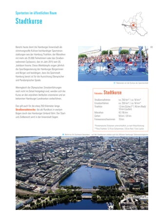 Faktenbox Stadtkurse
Straßenradfahren	 ca. 250 km* / ca. 50 km*
Einzelzeitfahren	 ca. 250 km* / ca. 50 km*
Triathlon	 1,5 km (Schw.)**/ 40 km (Rad)/ 	
	 10 km (Laufen)	
Marathon	 42,195 km
Gehen	 50 km / 20 km
Freiwasserschwimmen 	 10 km
*Paralympische Distanzen unterschiedlich, je nach Klassifizierung
**Para-Triathlon: 0,75 km Schwimmen / 20 km Rad / 5 km Laufen
Bereits heute dient die Hamburger Innenstadt als
stimmungsvolle Kulisse hochkarätiger Sportveran-
staltungen wie der Hamburg Triathlon, der Marathon
mit mehr als 25.000 Teilnehmern oder das Straßen-
radrennen Cyclassics, das im Jahr 2015 sein 20.
Jubiläum feierte. Diese Wettkämpfe zeigen jährlich
die Sportbegeisterung der Hamburger Bürgerinnen
und Bürger und bestätigen, dass die Sportstadt
Hamburg bereit ist für die Ausrichtung Olympischer
und Paralympischer Spiele.
Wenngleich die Olympischen Streckenführungen
noch nicht im Detail festgelegt sind, werden sich die
Kurse an den erprobten Verläufen orientieren und an
bekannten Hamburger Landmarken vorbeiführen.
Das gilt auch für die etwa 250 Kilometer lange
Straßenradstrecke, die als Rundkurs in weitem
Bogen durch das Hamburger Umland führt. Der Start-
und Zielbereich wird in der Innenstadt liegen.
Sportarten im öffentlichen Raum
Stadtkurse
87. Radrennen vor der Kulisse der Speicherstadt
88. Nicht nur für Zuschauer besonders – auf den Stadtkursen erleben auch die Athleten Hamburger Sehenswürdigkeiten
69
 
