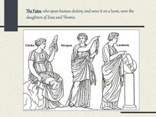 The Fates, who spun human destiny and wove it on a loom, were the
daughters of Zeus and Themis.
 