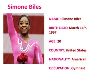 Simone Biles
NAME : Simone Biles
BIRTH DATE: March 14th,
1997
AGE: 20
COUNTRY: United States
NATIONALITY: American
OCCUPATION: Gymnast
 