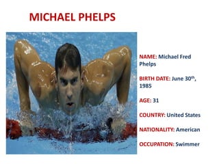 MICHAEL PHELPS
NAME: Michael Fred
Phelps
BIRTH DATE: June 30th,
1985
AGE: 31
COUNTRY: United States
NATIONALITY: American
OCCUPATION: Swimmer
 