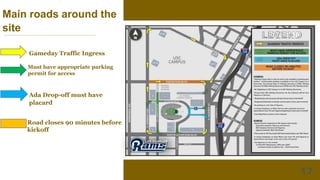 Gameday Traffic Ingress
Must have appropriate parking
permit for access
Road closes 90 minutes before
kickoff
Ada Drop-off must have
placard
Main roads around the
site
 