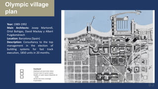 Olympic village
plan
Year: 1989-1992
Main Architects: Josep Martorell,
Oriol Bohigas, David Mackay y Albert
Puigdomènech
Location: Barcelona (Spain)
Description: Consultancy to the top
management in the election of
building systems for fast track
execution, 1850 units in 20 months.
 