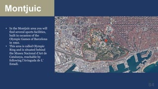 Montjuic
• In the Montjuïc area you will
find several sports facilities,
built in occasion of the
Olympic Games of Barcelona
in 1992.
• This area is called Olympic
Ring and is situated behind
the Museu Nacional d’Art de
Catalunya, reachable by
following l’Avinguda de L’
Estadi.
 