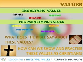 VALUES
             THE OLYMPIC VALUES
     RESPECT                    FRIENDSHIP
                 EXCELLENCE
         THE PARALYMPIC VALUES
   COURAGE                      EQUALITY
       DETERMINATION
                          INSPIRATION

WHAT DOES THE BIBLE SAY ABOUT
THESE VALUES?
        HOW CAN WE SHOW AND PRACTISE
           THESE VALUES AS CHRISTIANS?
 LONDON 2012 : THE OLYMPIC VALUES : A CHRISTIAN PERSPECTIVE
 