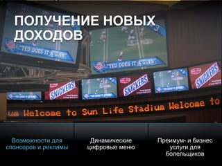 © 2010 Cisco and/or its affiliates. All rights reserved. Cisco ConfidentialPresentation_ID 12
ПОЛУЧЕНИЕ НОВЫХ
ДОХОДОВ
Возможности для
спонсоров и рекламы
Динамические
цифровые меню
Преимум- и бизнес
услуги для
болельщиков
 
