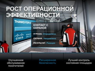 © 2010 Cisco and/or its affiliates. All rights reserved. Cisco ConfidentialPresentation_ID 16
КОНТАКТ С
ОХРАНОЙ
УГРОЗА: Определена
ОХРАНА: Уведомлена
РЕЗУЛЬТАТ: Реакция
РОСТ ОПЕРАЦИОННОЙ
ЭФФЕКТИВНОСТИ
Улучшенное
обслуживание
посетителей
Расширенная
безопасность
Лучший контроль
состояния площадок
 