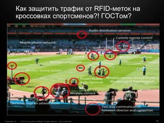 © 2010 Cisco and/or its affiliates. All rights reserved. Cisco ConfidentialPresentation_ID 33
Как защитить трафик от RFID-меток на
кроссовках спортсменов?! ГОСТом?
 