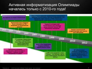 © 2010 Cisco and/or its affiliates. All rights reserved. Cisco ConfidentialPresentation_ID 5
Фотофиниш на играх в Стокгольме
Технологии начинают
завоевывать место на играх в
Париже с первым онлайн-
вещаением по радио
Берлинские игры впервые
были показаны по ТВ с
вещанием из Олимпийской
деревни
TV команды пересылали
кассеты с игр в Риме в
Нью_Йорк для большего
охвата аудитории
Олимпийских игр
Игры в Токио первыми задействовали компьютер и
первыми использовали цветное изображение с его
передачей через спутник в США. Результаты
соревнований сохранялись на компьютере
Игры в Лос-Анджелесе
впервые активно
задействовали email
Первый в истории сайт
Олимпийских игр в Атланте
сразу получает свыше 189
миллионов посещений
3,600 часов вещания с игр в
Пекине – это больше, чем со
всех предыдущих игр вместе
взятых
Первая полностью IP-
инфраструктура для зимних
игр в Ванкувере
BT обеспечивает
наиболее совершенную
конвергентную IP сеть на
летних Олимпийских и
Паралимпийских играх в
Лондоне
Активная информатизация Олимпиады
началась только с 2010-го года!
 