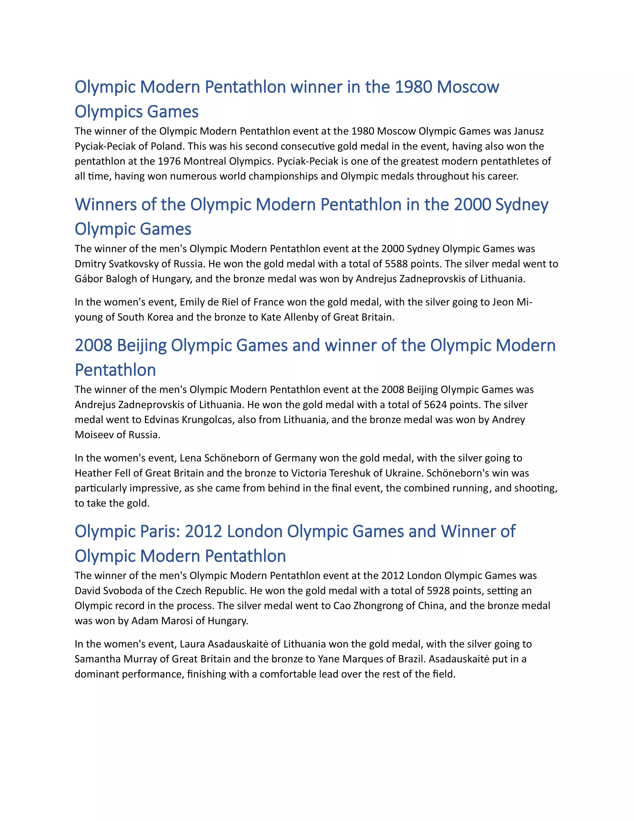 Olympic Paris Olympic Modern Pentathlon Complete History till Olympic