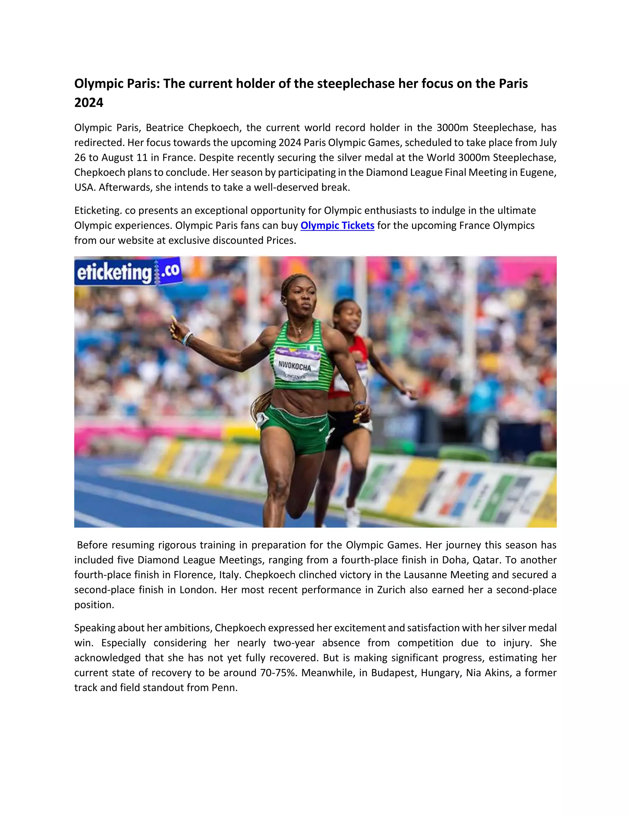 Olympic ParisThe current holder of the steeplechase her focus on the