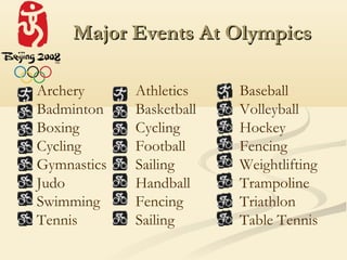 Major Events At Olympics

Archery      Athletics    Baseball
Badminton    Basketball   Volleyball
Boxing       Cycling      Hockey
Cycling      Football     Fencing
Gymnastics   Sailing      Weightlifting
Judo         Handball     Trampoline
Swimming     Fencing      Triathlon
Tennis       Sailing      Table Tennis
 