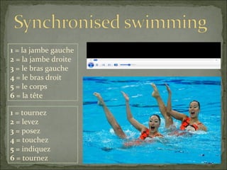 1  = la jambe gauche 2  = la jambe droite 3  = le bras gauche 4  = le bras droit 5  = le corps 6  = la tête 1  = tournez 2  = levez 3  = posez 4  = touchez 5  = indiquez 6  = tournez 