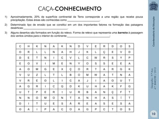 CAÇA-CONHECIMENTO
1)

Aproximadamente, 20% da superfície continental da Terra corresponde a uma região que recebe pouca
precipitação. Estas áreas são conhecidas como ______________________.

2)

Determinado tipo de erosão que se constitui em um dos importantes fatores na formação das paisagens
desérticas:______________________________.

3)

Alguns desertos são formados em função do relevo. Forma de relevo que representa uma barreira à passagem
dos ventos úmidos para o interior do continente:_____________________________;

H

K

N

A

K

N

D

V

E

R

D

O

S

O

R

L

L

N

A

H

J

K

L

Ç

E

V

D

D

E

T

N

I

C

V

L

C

W

R

S

Y

P

E

O

V

I

M

E

N

Y

O

S

S

E

E

A

A

O

M

G

E

X

Ç

O

R

T

A

R

G

K

V

U

Z

L

T

L

B

O

M

W

A

T

N

A

V

R

E

O

L

I

C

A

J

I

A

O

U

T

A

G

R

I

C

Q

D

K

U

H

A

K

F

G

U

T

P

E

R

I

U

R

B

A

N

Ç

F

T

N

N

O

M

O

N

T

A

N

H

A

S

Í

T

D

I

T

U

E

S

Á

R

E

A

S

E

S

A

O

A

I

P

A

C

O

A

G

P

C

T

O

S

Geografia – 9.º Ano
4.º BIMESTRE / 2013

C

10

 