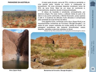 PAISAGENS DA AUSTRÁLIA

http://www.portalaustralia.com.br

A maior parte do país, cerca de 70%, é árida ou semiárida, e
uma grande parte, situada ao centro, é inadequada ao
povoamento. Os onze principais desertos constituem cerca de
20% de terra firme. Mais de um terço do continente é,
potencialmente, desértico devido à baixa precipitação.
O relevo da Austrália é constituído, principalmente, por
terrenos antigos. Por esse motivo, a altitude média do país é de
330 m e seu ponto culminante, o Monte Kosciusko, possui apenas
2 228 m. A ausência de altitudes muito elevadas é compensada
pela variedade de suas formas de relevo.
Uma gigante rocha, conhecida como Uluru (Ayers Rock) e as
impressionantes montanhas de Purnululu (“Bungle Bungles”), no
oeste do país, atraem visitantes de muitas partes do mundo. As
paisagens australianas são bastante diversificadas: vastos
desertos, planaltos e planícies estreitas no litoral.

traveljournals.net

traveljournals.net

Uluru (Ayers Rock)

Montanhas de Purnululu (“Bungle Bungles”)

Geografia – 9.º Ano
4.º BIMESTRE / 2013

Adaptado de http://www.portalaustralia.com.br/geografia-australia/paisagens-e-relevos

28

 