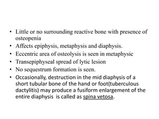 • Little or no surrounding reactive bone with presence of
osteopenia
• Affects epiphysis, metaphysis and diaphysis.
• Eccentric area of osteolysis is seen in metaphysic
• Transepiphyseal spread of lytic lesion
• No sequestrum formation is seen.
• Occasionally, destruction in the mid diaphysis of a
short tubular bone of the hand or foot(tuberculous
dactylitis) may produce a fusiform enlargement of the
entire diaphysis is called as spina vetosa.
 