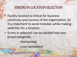 Facility location & steps on location selection | PPTX
