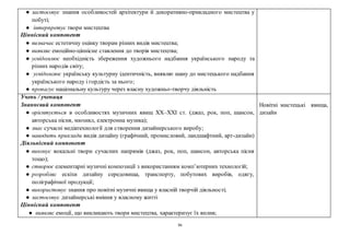 36
● застосовує знання особливостей архітектури й декоративно-прикладного мистецтва у
побуті;
● інтерпретує твори мистецтва
Ціннісний компонент
● визначає естетичну оцінку творам різних видів мистецтва;
● виявляє емоційно-ціннісне ставлення до творів мистецтва;
● усвідомлює необхідність збереження художнього надбання українського народу та
різних народів світу;
● усвідомлює українську культурну ідентичність, виявляє шану до мистецького надбання
українського народу і гордість за нього;
● пропагує національну культуру через власну художньо-творчу діяльність
Учень / учениця
Знаннєвий компонент
● орієнтується в особливостях музичних явищ ХХ–ХХІ ст. (джаз, рок, поп, шансон,
авторська пісня, мюзикл, електронна музика);
● знає сучасні медіатехнології для створення дизайнерського виробу;
● наводить приклади видів дизайну (графічний, промисловий, ландшафтний, арт-дизайн)
Діяльнісний компонент
● виконує вокальні твори сучасних напрямів (джаз, рок, поп, шансон, авторська пісня
тощо);
● створює елементарні музичні композиції з використанням комп’ютерних технологій;
● розробляє ескізи дизайну середовища, транспорту, побутових виробів, одягу,
поліграфічної продукції;
● використовує знання про новітні музичні явища у власній творчій діяльності;
● застосовує дизайнерські вміння у власному житті
Ціннісний компонент
● виявляє емоції, що викликають твори мистецтва, характеризує їх вплив;
Новітні мистецькі явища,
дизайн
 