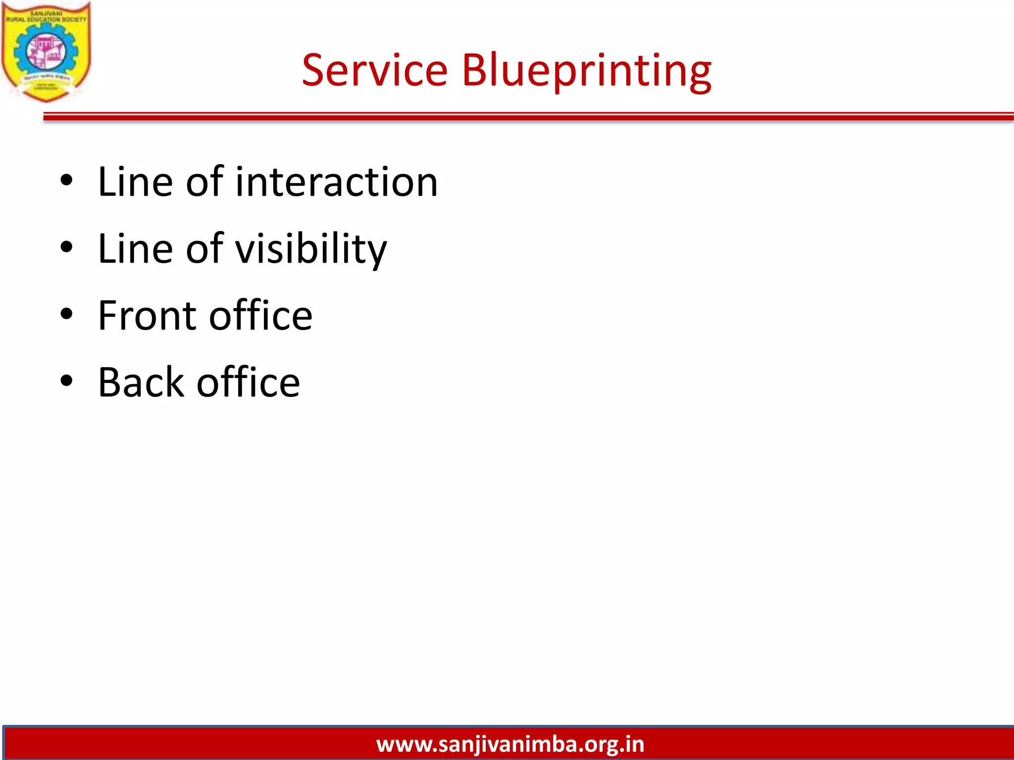 www.sanjivanimba.org.in
Service Blueprinting
• Line of interaction
• Line of visibility
• Front office
• Back office
 