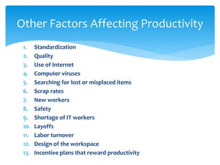 1. Standardization
2. Quality
3. Use of Internet
4. Computer viruses
5. Searching for lost or misplaced items
6. Scrap rates
7. New workers
8. Safety
9. Shortage of IT workers
10. Layoffs
11. Labor turnover
12. Design of the workspace
13. Incentive plans that reward productivity
Other Factors Affecting Productivity
 