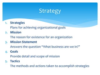 1. Strategies
Plans for achieving organizational goals
2. Mission
The reason for existence for an organization
3. Mission Statement
Answers the question “What business are we in?”
4. Goals
Provide detail and scope of mission
5. Tactics
The methods and actions taken to accomplish strategies
Strategy
 