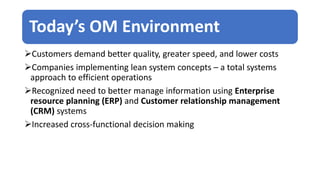 Today’s OM Environment
Customers demand better quality, greater speed, and lower costs
Companies implementing lean system concepts – a total systems
approach to efficient operations
Recognized need to better manage information using Enterprise
resource planning (ERP) and Customer relationship management
(CRM) systems
Increased cross-functional decision making
 