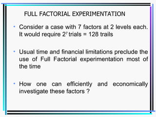Consider a case with 7 factors at 2 levels each. It would require 2 7  trials = 128 trails Usual time and financial limitations preclude the use of Full Factorial experimentation most of the time  How one can efficiently and economically investigate these factors ? FULL FACTORIAL EXPERIMENTATION 