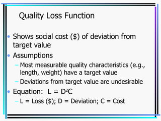 Shows social cost ($) of deviation from target value Assumptions Most measurable quality characteristics (e.g., length, weight) have a target value Deviations from target value are undesirable Equation:  L = D 2 C L = Loss ($); D = Deviation; C = Cost Quality Loss Function 