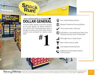 This information has been secured from sources we believe to be reliable, but we make no representations or warranties, expressed or implied, as to the accuracy of the information. References to square footage or age are
approximate. Buyer must verify the information and bears all risk for any inaccuracies. Any projections, opinions, assumptions or estimates used herein are for example purposes only and do not represent the current or future
performance of the property. Marcus & Millichap Real Estate Investment Services is a service mark of Marcus & Millichap Real Estate Investment Services, Inc. © 2017 Marcus & Millichap ACT ID Z0080327
4
Zero Landlord Responsibilities
Multiple Competitive Financing Options
79 Successful Years in Business
$23.5 Billion in Annual Revenue | More Than
Starbucks and Very Close to McDonald’s
28 Straight Years of Sales Growth
Best in Class Industry Leader
Direct Deposit Rental Payments
Organized and Automated Landlord
Communication
WHY INVESTORS & LENDERS
DOLLAR GENERAL
Currently Dollar General could quite possibly
be the most desired net leased investment.
From 2015 to 2017, including portfolio sales, on
average five newly constructed Dollar General
locations were purchased by investors every
week!
1#
 