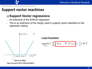 Support vector machines
❑ Support Vector regressions
- An extension of the SVM for regression
- This is an extension of the margin used in support vector classifiers to the
regression setting
24
(Cai et al. 2022)
Loss function:
https://doi.org/10.1007/s11804-022-00263-0
 