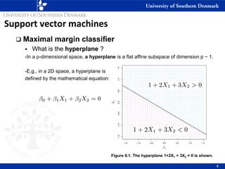 Support vector machines
❑ Maximal margin classifier
▪ What is the hyperplane ?
-In a p-dimensional space, a hyperplane is a flat affine subspace of dimension p − 1.
-E.g., in a 2D space, a hyperplane is
defined by the mathematical equation:
5
Figure 9.1. The hyperplane 1+2X1 + 3X2 = 0 is shown.
 