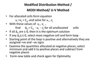 Modified Distribution Method /
MODI Method/ U-V Method
• For allocated cells form equation
ui +vj = Cij, and solve for ui , vj
• With these values of ui , vj ,
find Δij = Cij - ui - vj for all unallocated
cells
• If all Δij are ≥ 0, then it is the optimum solution
• If any Δiiij ≤ 0, select most negative cell and form loop
• Starting point of the loop is positive and alternatively they are
assigned +ve and –ve signs
• Examine the quantities allocated at negative places; select
minimum and add it to positive places and subtract from
negative places
• Form new table and check again for Optimality

 
