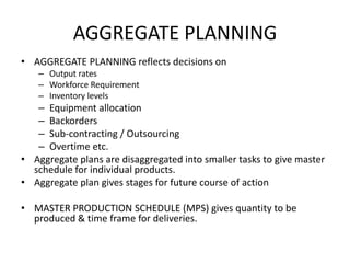 AGGREGATE PLANNING
• AGGREGATE PLANNING reflects decisions on
– Output rates
– Workforce Requirement
– Inventory levels

– Equipment allocation
– Backorders
– Sub-contracting / Outsourcing
– Overtime etc.
• Aggregate plans are disaggregated into smaller tasks to give master
schedule for individual products.
• Aggregate plan gives stages for future course of action

• MASTER PRODUCTION SCHEDULE (MPS) gives quantity to be
produced & time frame for deliveries.

 