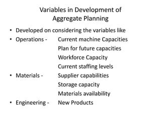 Variables in Development of
Aggregate Planning
• Developed on considering the variables like
• Operations Current machine Capacities
Plan for future capacities
Workforce Capacity
Current staffing levels
• Materials Supplier capabilities
Storage capacity
Materials availability
• Engineering - New Products

 
