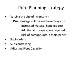 Pure Planning strategy
•

•
•
•

Varying the size of Inventory –
Disadvantages - Increased inventory cost
Increased material handling cost
Additional storage space required
Risk of damage, loss, obsolescence
Back-orders
Sub-contracting
Adjusting Plant Capacity

 