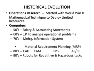 HISTORICAL EVOLUTION
• Operations Research -- Started with World War II
Mathematical Technique to Deploy Limited
Resources.
• Computers
– 50’s – Salary & Accounting Statements
– 60’s – L.P. to analyze operational problems
– 70’s -- Mnfrg. Information System
•
Material Requirement Planning (MRP)
– 80’s -- CAD CAM
FMS
AS/RS
– 90’s – Robots for Repetitive & Hazardous tasks

 