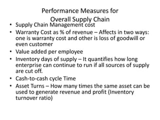 Performance Measures for
Overall Supply Chain

• Supply Chain Management cost
• Warranty Cost as % of revenue – Affects in two ways:
one is warranty cost and other is loss of goodwill or
even customer
• Value added per employee
• Inventory days of supply – It quantifies how long
enterprise can continue to run if all sources of supply
are cut off.
• Cash-to-cash cycle Time
• Asset Turns – How many times the same asset can be
used to generate revenue and profit (Inventory
turnover ratio)

 
