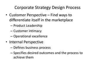Corporate Strategy Design Process
• Customer Perspective – Find ways to
differentiate itself in the marketplace
– Product Leadership
– Customer intimacy
– Operational excellence

• Internal Perspective
– Defines business process
– Specifies desired outcomes and the process to
achieve them

 
