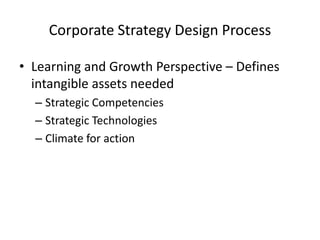 Corporate Strategy Design Process
• Learning and Growth Perspective – Defines
intangible assets needed
– Strategic Competencies
– Strategic Technologies
– Climate for action

 