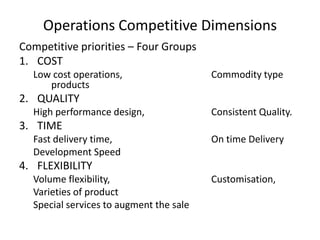 Operations Competitive Dimensions
Competitive priorities – Four Groups
1. COST
Low cost operations,
products

Commodity type

2. QUALITY
High performance design,

Consistent Quality.

3. TIME
Fast delivery time,
Development Speed

On time Delivery

4. FLEXIBILITY
Volume flexibility,
Varieties of product
Special services to augment the sale

Customisation,

 