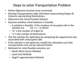 Steps to solve Transportation Problem
• Define Objective function to be minimized
• Develop Transportation table with Rows representing Origins &
Columns representing Destinations
• Determine the Initial Feasible Solution
• Examine whether Initial Solution is Feasible.
– A solution is feasible, if the numbers of occupied cells in the
solution are
(m + n – 1) where
– ‘m’ is the number of origins &
– ‘n’ is the number of destinations.
• Test the solution for optimality by computing the opportunity cost
associated with unoccupied cells
• If the solution is not optimum, modify the allocation such that
transportation cost can be reduced further.
• Methods for initial feasible solutions are
– North-West Corner Method
– Least Cost Method
– Vogel’s approximation Method

 