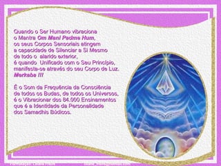 Quando o Ser Humano vibraciona  o Mantra  Om Mani Padme Hum ,  os seus Corpos Sensoriais atingem  a capacidade de Silenciar a Si Mesmo de todo o  alarido exterior,  é quando  Unificado com o Seu Princípio,  manifesta-se através do seu Corpo de Luz.   Merkaba !!!   É o Som da Frequência da Consciência  de todos os Budas, de todos os Universos,  é o Vibracionar dos 84.000 Ensinamentos  que é a Identidade da Personalidade  dos Samadhis Búdicos.  