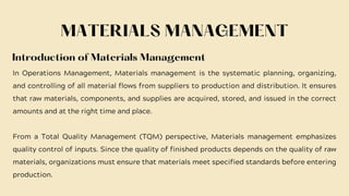 Comprehensive Guide to Materials Management in Operations and TQM | PDF