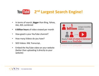 • In terms of search, bigger than Bing, Yahoo, 
Ask, AOL combined
• 6 Billion hours of video viewed per month
• How good is your YouTube channel?
• How many Videos do you have? 
• SEO Videos: KW, Transcript, 
• Embed the YouTube video on your website 
(better than uploading it directly to your 
website)
YouTube  2nd Largest Search Engine!
 