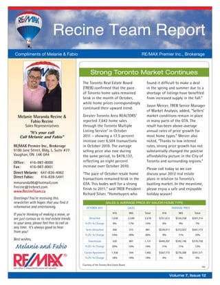 Recine Team Report
 Compliments of Melanie & Fabio                                                                         RE/MAX Premier Inc., Brokerage



                                                          Strong Toronto Market Continues
                                                   The Toronto Real Estate Board                          found it difficult to make a deal
                                                   (TREB) confirmed that the pace                         in the spring and summer due to a
                                                   of Toronto home sales remained                         shortage of listings have benefited
                                                   brisk in the month of October,                         from increased supply in the fall.”
                                                   while home prices correspondingly
                                                                                                          Jason Mercer, TREB Senior Manager
                                                   continued their upward trend.
                                                                                                          of Market Analysis, added, “Sellers’
    Melanie Maranda Recine &                       Greater Toronto Area REALTORS®                         market conditions remain in place
          Fabio Recine                             reported 7,642 home sales                              in many parts of the GTA. The
             Sales Representatives                 through the Toronto Multiple                           result has been above-average
           "It's your call                         Listing Service® in October                            annual rates of price growth for
      Call Melanie and Fabio"                      2011 – showing a 17.5 percent                          most home types.” Mercer also
                                                   increase over 6,504 transactions                       noted, “Thanks to low interest
RE/MAX Premier Inc., Brokerage                     in October 2010. The average                           rates, strong price growth has not
9100 Jane Street, Bldg. L, Suite #77               selling price also rose during                         substantially changed the positive
Vaughan, ON L4K 0A4                                the same period, to $478,137,                          affordability picture in the City of
Office: 416-987-8000                               reflecting an eight percent                            Toronto and surrounding regions.”
Fax:      416-987-8001                             increase over October 2010.
                                                                                                          Please call today so we can
Direct Melanie: 647-836-4062                       “The pace of October resale home                       discuss your 2012 real estate
Direct Fabio:   416-828-5441                       transactions remained brisk in the                     plans in relation to Toronto’s
mmaranda96@hotmail.com                             GTA. This bodes well for a strong                      bustling market. In the meantime,
frecine@trebnet.com                                finish to 2011,” said TREB President                   please enjoy a safe and enjoyable
www.RecineTeam.ca
                                                   Richard Silver. “Homebuyers who                        holiday season!
Greetings! You’re receiving this
newsletter with hopes that you find it                                   SaleS & average PriCe By Major HoMe TyPe
informative and entertaining.                         OCTOBER 2011                              SALES                       AvERAGE PRICE
                                                                                416             905      Total     416          905          Total
If you’re thinking of making a move, or
are just curious as to real estate trends                Detached              1,038            2,540    3,578   $751,612     $534,258      $597,314
in your area, please feel free to call at            Yr./Yr. % Change           9%              17%      15%       6%            9%           7%
any time. It’s always good to hear
                                                      Semi-Detached             366             515      881     $539,917     $372,022      $441,772
from you!
                                                     Yr./Yr. % Change          24%              28%      26%       9%           11%           10%
Best wishes,                                            Townhouse               330             801      1,131   $440,207     $342,146      $370,758

 Melanie and Fabio                                   Yr./Yr. % Change          20%              14%      16%       11%          11%           12%

                                                    Condo Apartment            1,358            544      1,902   $367,715     $276,308      $341,571
                                                     Yr./Yr. % Change          18%              19%      19%       9%            9%           9%

                                                   Courtesy of the Toronto Real Estate Board.
                                                                                                                                                     TREB
Each office is independently owned and operated.


                                                                                                                         Volume 7, Issue 12
 