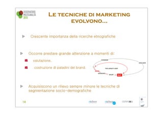 Le tecniche di marketing
                  evolvono...

 Crescente importanza della ricerche etnografiche



Occorre prestare grande attenzione a momenti di:
  valutazione,

   costruzione di paladini del brand.




Acquisiscono un rilievo sempre minore le tecniche di
segmentazione socio-demografiche
 