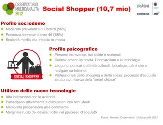 Social Shopper (10,7 mio)

Profilo sociodemo
 Moderata prevalenza di Uomini (56%)
 Presenza rilevante di over 45 (58%)
 Scolarità medio alta, reddito in media

                               Profilo psicografico
                                Persone estroverse, ma solide e razionali
                                Curiosi: amano le novità, l’innovazione e la tecnologia
                                Leggono, praticano attività culturali, bricolage...oltre che a
                                 navigare su Internet!
                                Professionisti dello shopping e della spesa: processo d’acquisto
                                 strutturato, ricerca della “smart choice”


Utilizzo delle nuove tecnologie
   Alta interazione con le aziende
   Partecipano attivamente a discussioni con altri utenti
   Medio/alta propensione all’e-commerce
   Marginale ruolo dei device mobili nel processo d’acquisto
                                                                Fonte: Nielsen, Osservatorio Multicanalità 2012
 